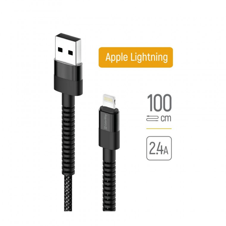 Кабель Colorway USB - Lightning (nylon-long head)2.4А 1м Black (CW-CBUL063-BK)