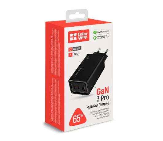 Зарядний пристрій Colorway GaN3 Pro PD (USB-A + 2USB-C) (65W) Black (CW-CHS039PD-BK)