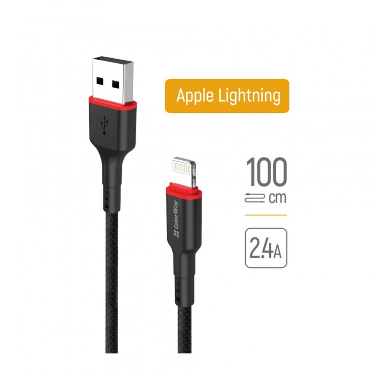 Кабель Colorway USB - Lightning (PVC-red head)2.4А 1м Black (CW-CBUL064-BK)