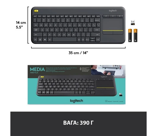 Клавіатура безпровідна Logitech Touch K400 Plus UA Black (920-007145)