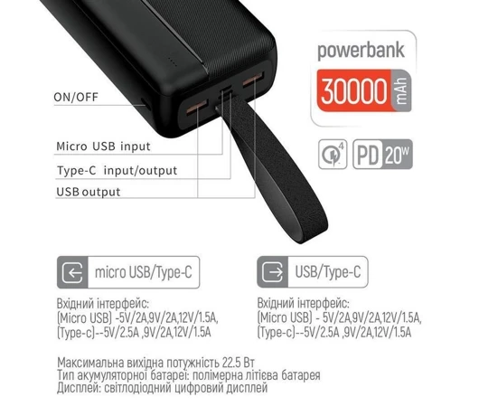 Зовнішній акумулятор Colorway (CW-PB300LPC2BK-PD) 30000 mAh Black