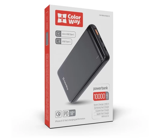 Зовнішній акумулятор Colorway (CW-PB100LPG3BK-PD) 10000 mAh Slim Black